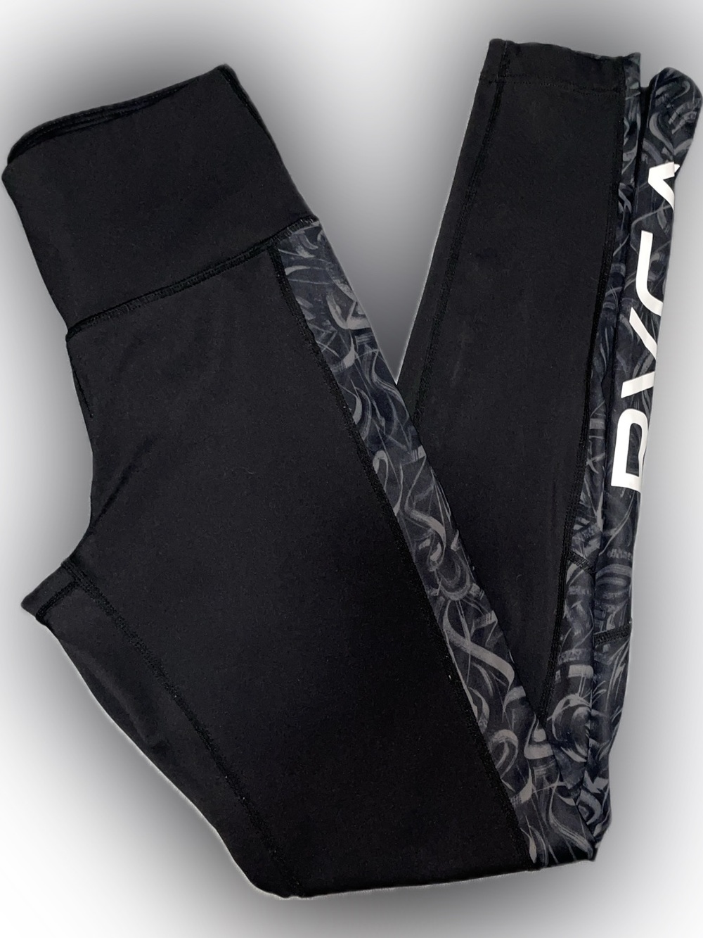 RVCA Black Athletic Leggings with Side Stripe & logo | XS TP